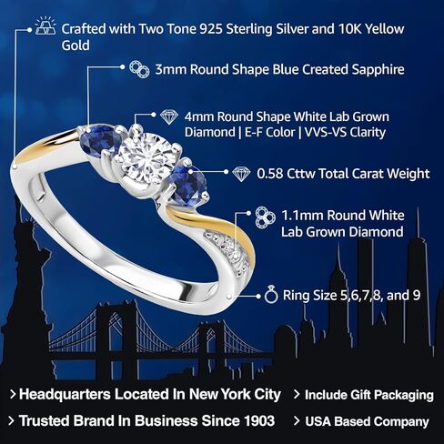 Gem Stone King White Lab Grown Diamond and Blue Created Sapphire 3-Stone Engagement Ring For Women | 925 Sterling Silver and 10K Yellow Gold | 0.58 Cttw | Wedding Engagement Anniversary Ring in Saudi Arabia