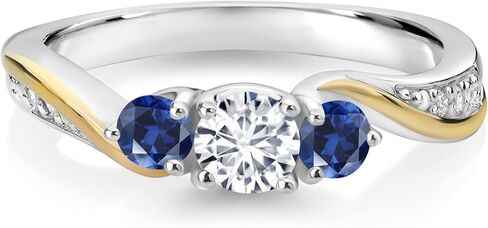Gem Stone King White Lab Grown Diamond and Blue Created Sapphire 3-Stone Engagement Ring For Women | 925 Sterling Silver and 10K Yellow Gold | 0.58 Cttw | Wedding Engagement Anniversary Ring in Saudi Arabia