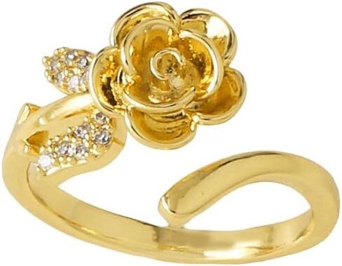 Rose Flower Cubic Zirconia Statement Open Ring - Crystal Leaf Floral Blossom Adjustable Stacking Wrap Finger Bands Comfort Fit Wedding Engagement Rings Dainty Jewelry for Women Wife Bride in Saudi Arabia