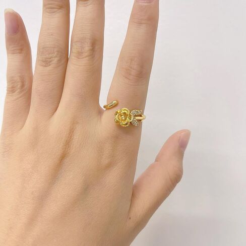 Rose Flower Cubic Zirconia Statement Open Ring - Crystal Leaf Floral Blossom Adjustable Stacking Wrap Finger Bands Comfort Fit Wedding Engagement Rings Dainty Jewelry for Women Wife Bride in Saudi Arabia