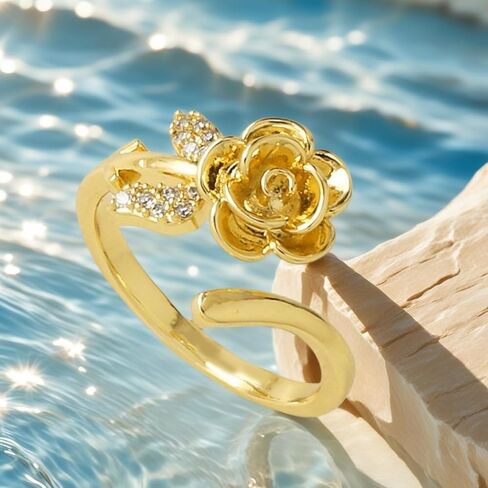 Rose Flower Cubic Zirconia Statement Open Ring - Crystal Leaf Floral Blossom Adjustable Stacking Wrap Finger Bands Comfort Fit Wedding Engagement Rings Dainty Jewelry for Women Wife Bride in Saudi Arabia
