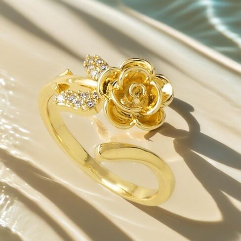 Rose Flower Cubic Zirconia Statement Open Ring - Crystal Leaf Floral Blossom Adjustable Stacking Wrap Finger Bands Comfort Fit Wedding Engagement Rings Dainty Jewelry for Women Wife Bride in Saudi Arabia