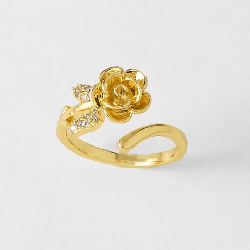 Rose Flower Cubic Zirconia Statement Open Ring - Crystal Leaf Floral Blossom Adjustable Stacking Wrap Finger Bands Comfort Fit Wedding Engagement Rings Dainty Jewelry for Women Wife Bride in Saudi Arabia