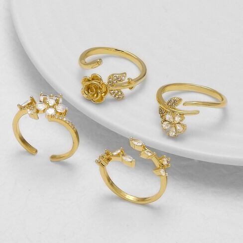 Rose Flower Cubic Zirconia Statement Open Ring - Crystal Leaf Floral Blossom Adjustable Stacking Wrap Finger Bands Comfort Fit Wedding Engagement Rings Dainty Jewelry for Women Wife Bride in Saudi Arabia
