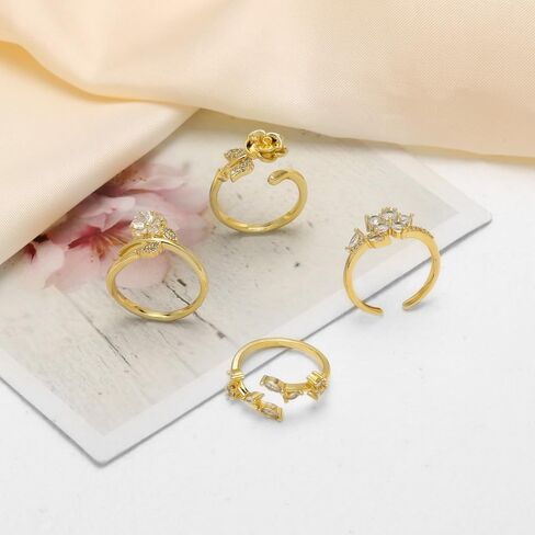 Rose Flower Cubic Zirconia Statement Open Ring - Crystal Leaf Floral Blossom Adjustable Stacking Wrap Finger Bands Comfort Fit Wedding Engagement Rings Dainty Jewelry for Women Wife Bride in Saudi Arabia
