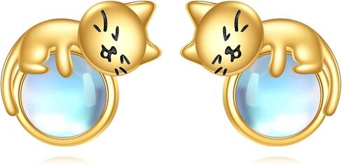14K Real Gold Cat Earrings Solid Yellow Gold Moonstone Studs Jewelry Birthday Mother's Day Anniversary Christmas Gifts for Women in Saudi Arabia