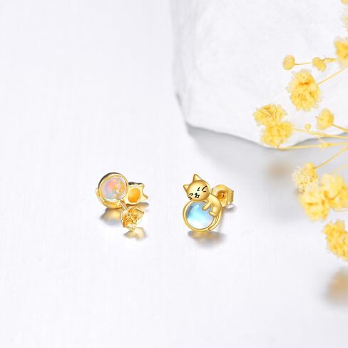 14K Real Gold Cat Earrings Solid Yellow Gold Moonstone Studs Jewelry Birthday Mother's Day Anniversary Christmas Gifts for Women in Saudi Arabia