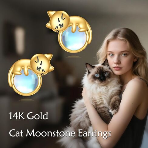14K Real Gold Cat Earrings Solid Yellow Gold Moonstone Studs Jewelry Birthday Mother's Day Anniversary Christmas Gifts for Women in Saudi Arabia