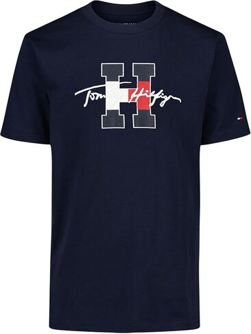 تي شيرت Tommy Hilfiger للأولاد بأكمام قصيرة ورقبة دائرية، ناعم، مريح، مريح، Script H أزرق داكن، 14-16 in Saudi Arabia