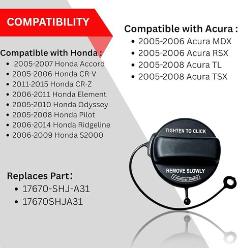 2Pcs Gas Cap,Fuel Cap Fits for Honda 05-07 Accord 2005-2006 CRV 2011-2014 CR-Z 2005-2010 Odyssey 2006-2011 Element 2005-2008 Pilot 2006-2009 S2000 Ridgeline, for Acura MDX RSX TL TSX, 17670-SHJ-A31 in Saudi Arabia