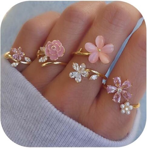 HUASAI Stackable Rings for Women Gold Rhinestone Flower Love Statement Adjustable Daily Party Fashion Jewelry Gifts in Saudi Arabia