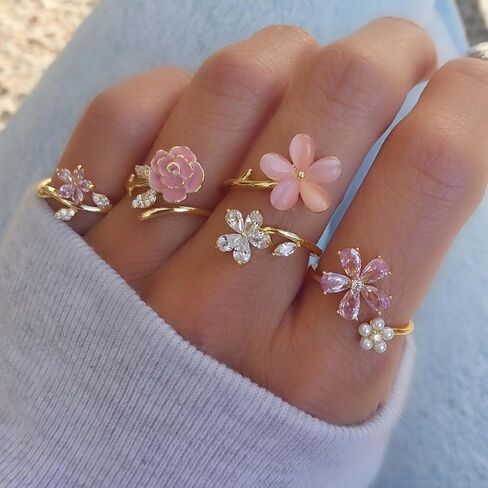 HUASAI Stackable Rings for Women Gold Rhinestone Flower Love Statement Adjustable Daily Party Fashion Jewelry Gifts in Saudi Arabia