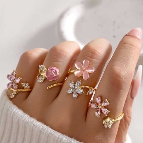 HUASAI Stackable Rings for Women Gold Rhinestone Flower Love Statement Adjustable Daily Party Fashion Jewelry Gifts in Saudi Arabia