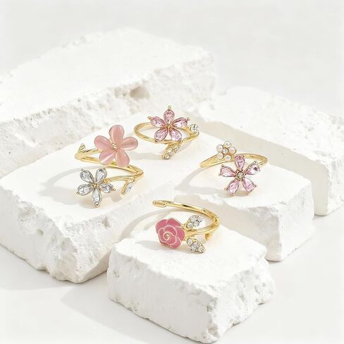 HUASAI Stackable Rings for Women Gold Rhinestone Flower Love Statement Adjustable Daily Party Fashion Jewelry Gifts in Saudi Arabia