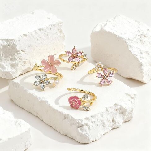 HUASAI Stackable Rings for Women Gold Rhinestone Flower Love Statement Adjustable Daily Party Fashion Jewelry Gifts in Saudi Arabia