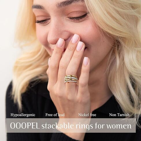 OOOPEL Gold Stackable Rings for Women Non Tarnish 14K Gold Plated Rings and 925 Sterling Silver Cubic Zirconia Ring Hypoallergenic Interlocking Mixed Metals Stacked Ring Set Size 5-9 Jewelry Gifts in Saudi Arabia