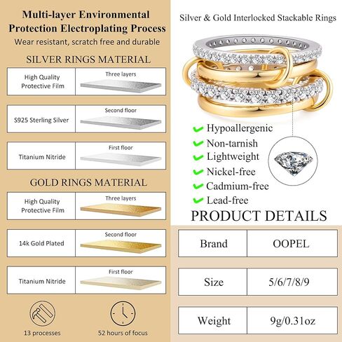 OOOPEL Gold Stackable Rings for Women Non Tarnish 14K Gold Plated Rings and 925 Sterling Silver Cubic Zirconia Ring Hypoallergenic Interlocking Mixed Metals Stacked Ring Set Size 5-9 Jewelry Gifts in Saudi Arabia