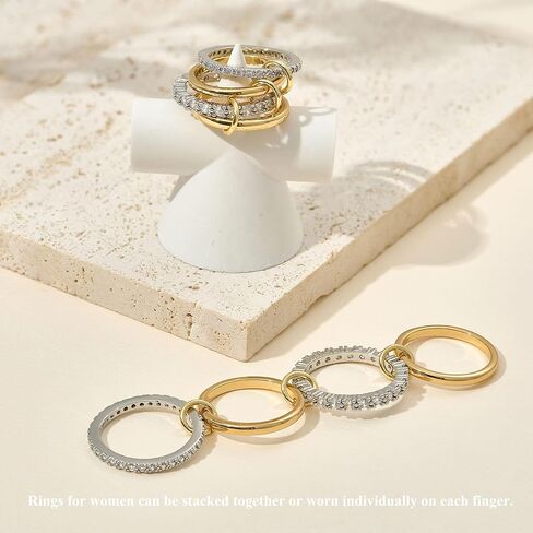 OOOPEL Gold Stackable Rings for Women Non Tarnish 14K Gold Plated Rings and 925 Sterling Silver Cubic Zirconia Ring Hypoallergenic Interlocking Mixed Metals Stacked Ring Set Size 5-9 Jewelry Gifts in Saudi Arabia