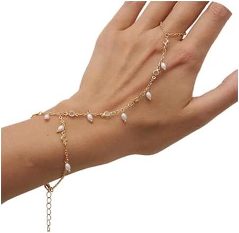 Simple Pearl Hand Chain with Ring Summer Beach Beads Finger Rings Bracelet Wedding Bridal Anklet Bracelet Hand Body Jewelry for Women in Saudi Arabia
