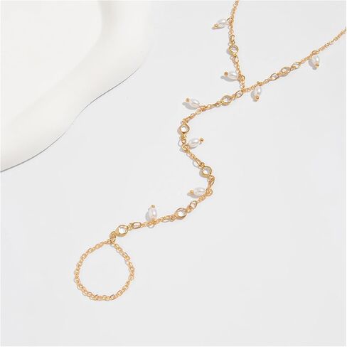 Simple Pearl Hand Chain with Ring Summer Beach Beads Finger Rings Bracelet Wedding Bridal Anklet Bracelet Hand Body Jewelry for Women in Saudi Arabia