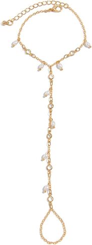Simple Pearl Hand Chain with Ring Summer Beach Beads Finger Rings Bracelet Wedding Bridal Anklet Bracelet Hand Body Jewelry for Women in Saudi Arabia