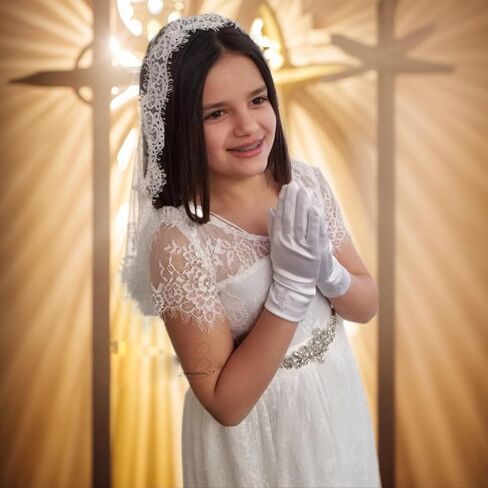 First Communion Veil with Lace Trim, White, 42x28 Inch, Flower Around Rim in Kuwait