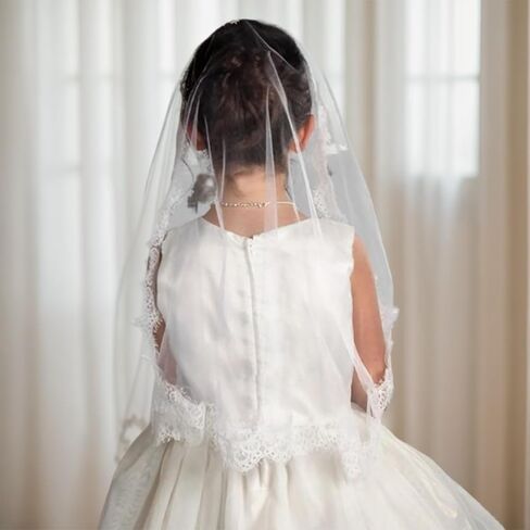 First Communion Veil with Lace Trim, White, 42x28 Inch, Flower Around Rim in Kuwait