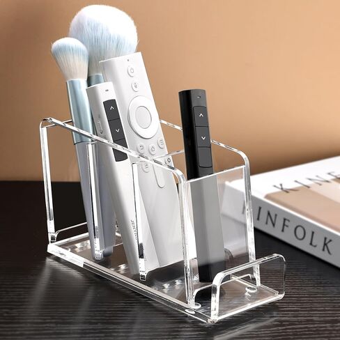 Acrylic Remote Control Holder, 4 Compartments TV Remoter Caddy Desktop Organizer Makeup Brush Holder Storage Fits TV Remotes, Media Controllers, Office Supplies(Clear) in Saudi Arabia