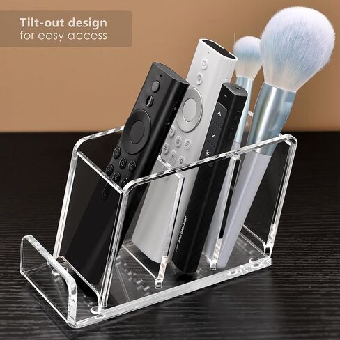 Acrylic Remote Control Holder, 4 Compartments TV Remoter Caddy Desktop Organizer Makeup Brush Holder Storage Fits TV Remotes, Media Controllers, Office Supplies(Clear) in Saudi Arabia