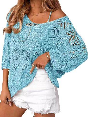 Beautiful Nomad Women's Summer Crochet Pullover Sweater Hollow Out 3/4 Sleeve Off Shoulder Boho Cover Up Tops in Kuwait