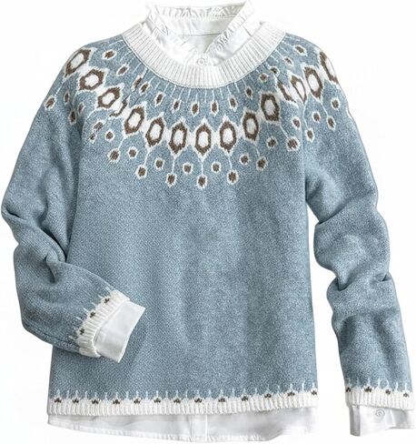 Women's Fair Isle Sweater Crewneck Knit Pullover Sweaters Knit Tops Vintage Fall Outfits in Saudi Arabia