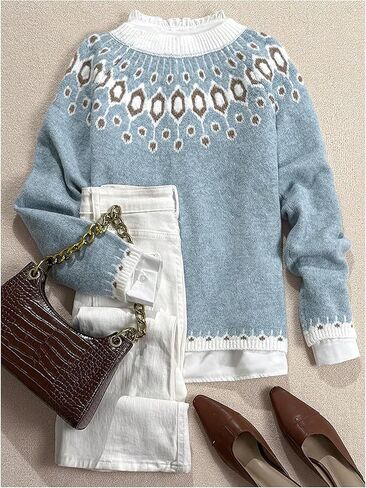 Women's Fair Isle Sweater Crewneck Knit Pullover Sweaters Knit Tops Vintage Fall Outfits in Saudi Arabia