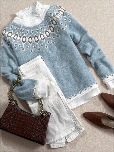 Women's Fair Isle Sweater Crewneck Knit Pullover Sweaters Knit Tops Vintage Fall Outfits in Saudi Arabia