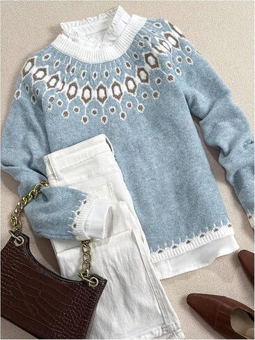 Women's Fair Isle Sweater Crewneck Knit Pullover Sweaters Knit Tops Vintage Fall Outfits in Saudi Arabia