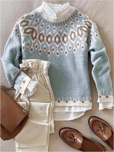 Women's Fair Isle Sweater Crewneck Knit Pullover Sweaters Knit Tops Vintage Fall Outfits in Saudi Arabia