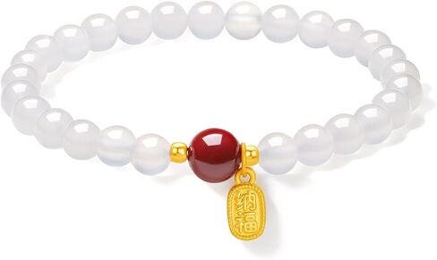 24K Real Gold Plate Charm Bracelet White Chalcedony Stretch Beaded Bracelets Fengshui Red Cinnabar Bead Healing Jewelry for Women Mom Daughter Birthday Anniversary 6.7"/17CM A1914699 in Saudi Arabia