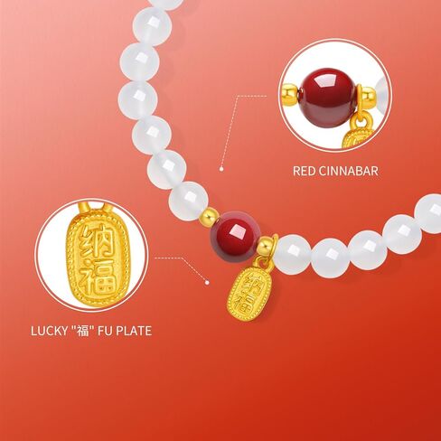24K Real Gold Plate Charm Bracelet White Chalcedony Stretch Beaded Bracelets Fengshui Red Cinnabar Bead Healing Jewelry for Women Mom Daughter Birthday Anniversary 6.7"/17CM A1914699 in Saudi Arabia