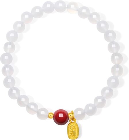 24K Real Gold Plate Charm Bracelet White Chalcedony Stretch Beaded Bracelets Fengshui Red Cinnabar Bead Healing Jewelry for Women Mom Daughter Birthday Anniversary 6.7"/17CM A1914699 in Saudi Arabia