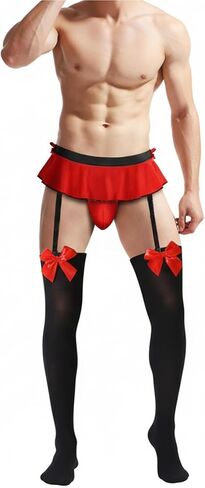 Men’s Femboy Skirted Thong Panties and Thigh High Stockings Set Bowknot Sissy Low Rise G-String Lingerie Bikini Briefs in Kuwait