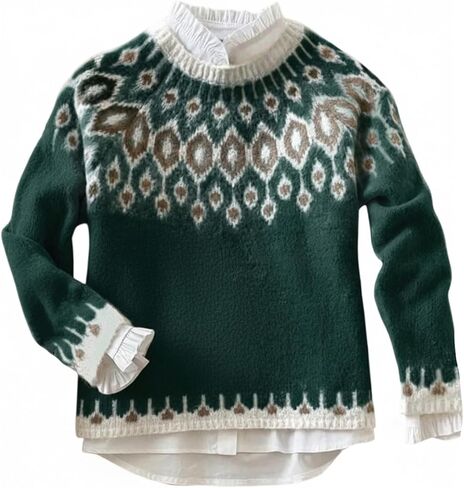 Women's Fair Isle Sweater Crewneck Knit Pullover Sweaters Knit Tops Vintage Fall Outfits in Saudi Arabia