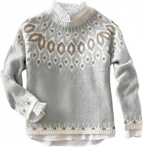 Women's Fair Isle Sweater Crewneck Knit Pullover Sweaters Knit Tops Vintage Fall Outfits in Saudi Arabia