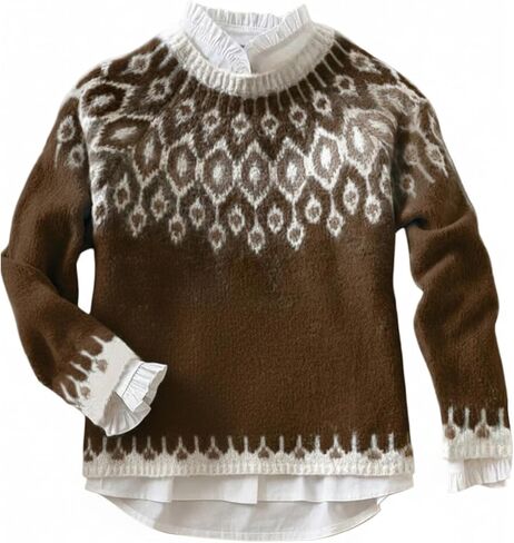 Women's Fair Isle Sweater Crewneck Knit Pullover Sweaters Knit Tops Vintage Fall Outfits in Saudi Arabia
