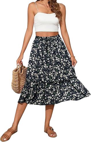 Womens Floral Midi Skirt A-Line High Waist with Pockets Pleated Beach Summer Skirt in Saudi Arabia