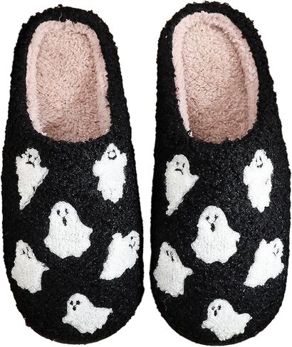 Halloween Slippers for Men Women Fluffy Plush Warm House Slippers with Ghost Pumpkin Bat Design Non-Slip Home Spooky Shoes in Kuwait