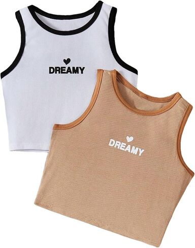 Milumia Girl's 2 Pack Letter Print Rib Knit Sleeveless Round Neck Casual Crop Tank Tops in Saudi Arabia