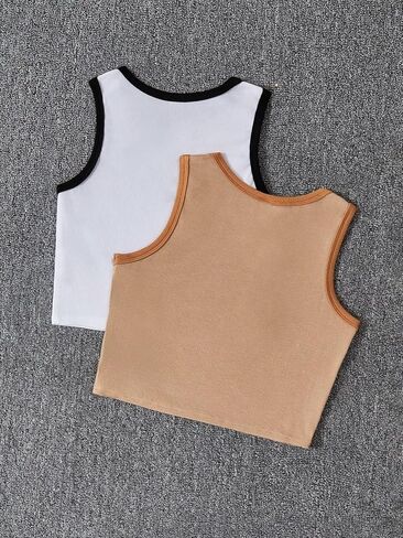 Milumia Girl's 2 Pack Letter Print Rib Knit Sleeveless Round Neck Casual Crop Tank Tops in Saudi Arabia