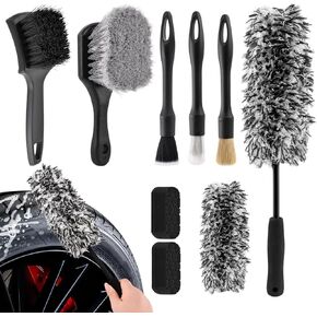 طقم احترافي لتنظيف عجلات السيارة مكون من 9 قطع، فرشاة إطارات، فرشاة حواف ناعمة، فرش عجلة مسطحة من الألياف الدقيقة، فرش تفصيلية مزدوجة الأطراف، وسادات تفصيلية، خالية من الخدوش ومتعددة الأغراض (اللون: أسود رمادي) in Kuwait