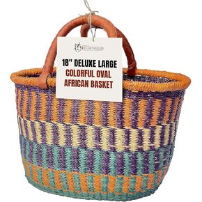 Africa Heartwood Project - Deluxe Large Oval Colorful African Basket with Leather Handle - Classic Heartwood Bolga Market Basket from Women in Bolgatanga, Ghana - 18" Oval Flat-packed in Kuwait