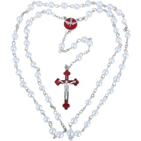 مسبحة تأكيد بيضاء من Needzo مع قطعة مركزية حمراء وصليب، هدايا كاثوليكية للفتيات والفتيان، تتضمن علبة أكريليك، صليب 1.25 بوصة in Kuwait