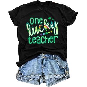 One Lucky Teacher Shirt Women St. Patrick's Day T-Shirt Funny Teacher Gift Casual Irish Shamrock Tops in Kuwait